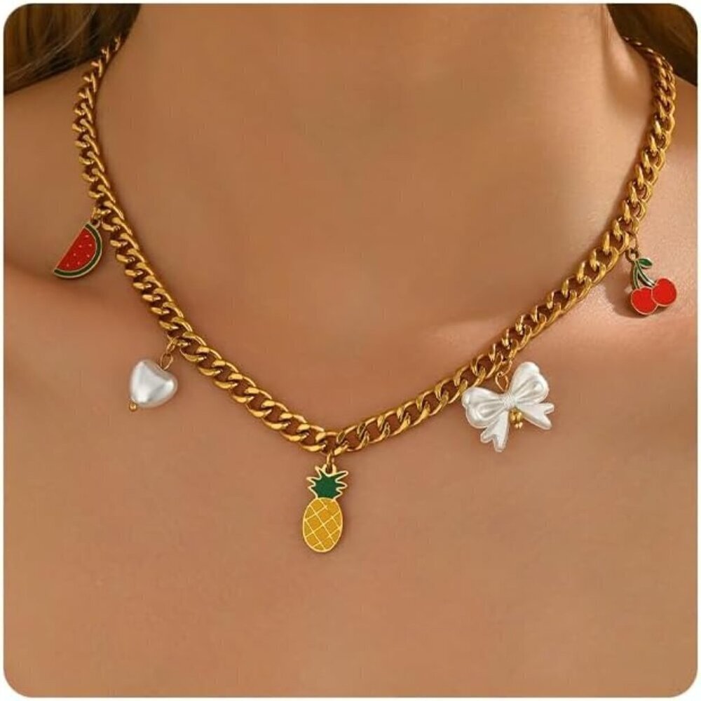 🆕 Women Gold Bow Pearl Choker Necklace Dainty Fruit Charms Cherry Cuban Jewelry